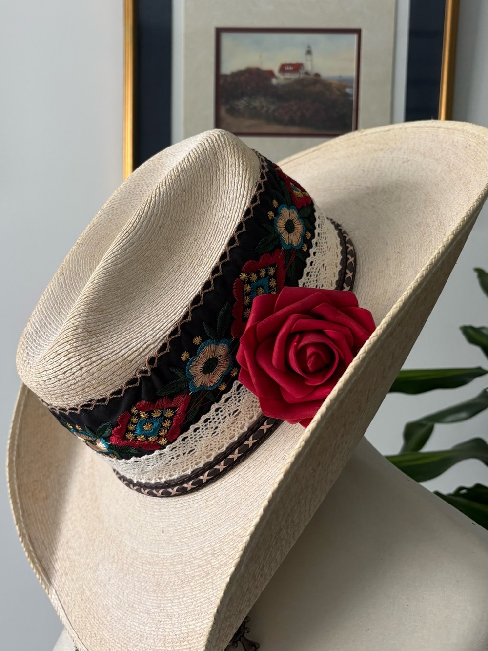Straw Fedora Hat with Red Rose Accent and Embroidered Band